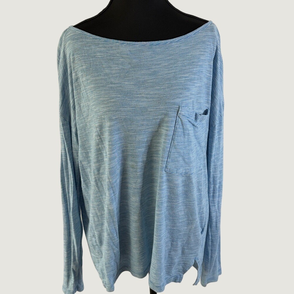 Banana Republic Womens XL Blue White Striped Boat Neck Long Sleeve Pocket Top